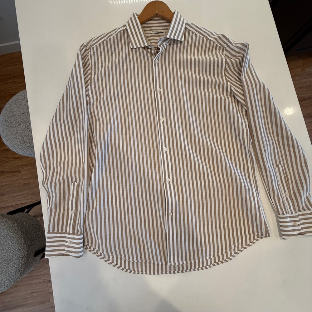 Paul Taylor - Brown and White Dress Button Down Cotton Shirt with Stripes